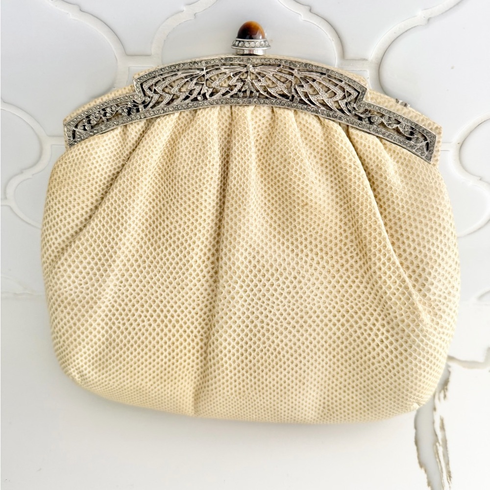 Vintage JUDITH LEIBER Cream Snake Skin With Crystal And Cats Eye Evening Bag.
